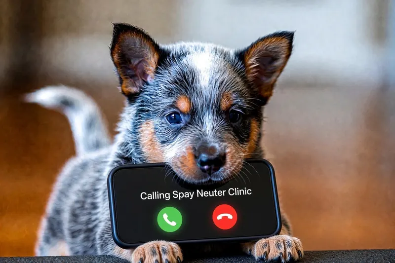 Blue heeler puppy resting its chin on a phone that says Calling Spay Neuter Clinic